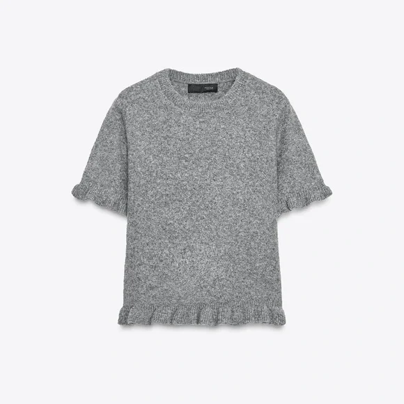 Zara Light Gray Short Sleeve Ruffle Knit Top - Picture 5 of 5